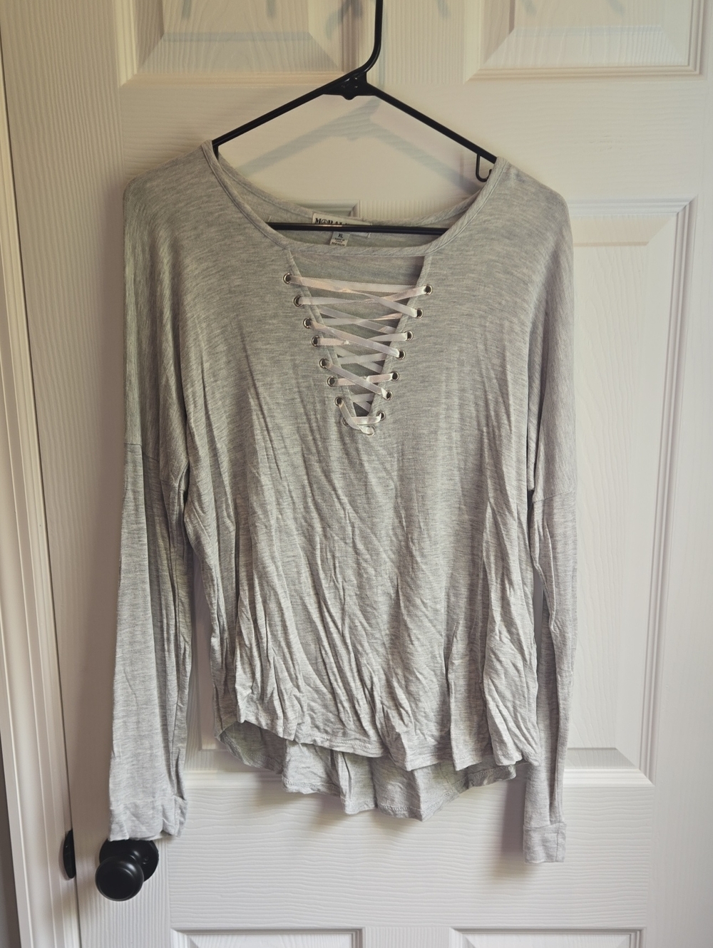 Moral Fiber Light Gray Lace-Up Long Sleeve Top